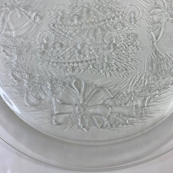 Vintage Clear Glass Christmas Tree Platter With Garlands Bows Bell Design - Picture 6 of 8